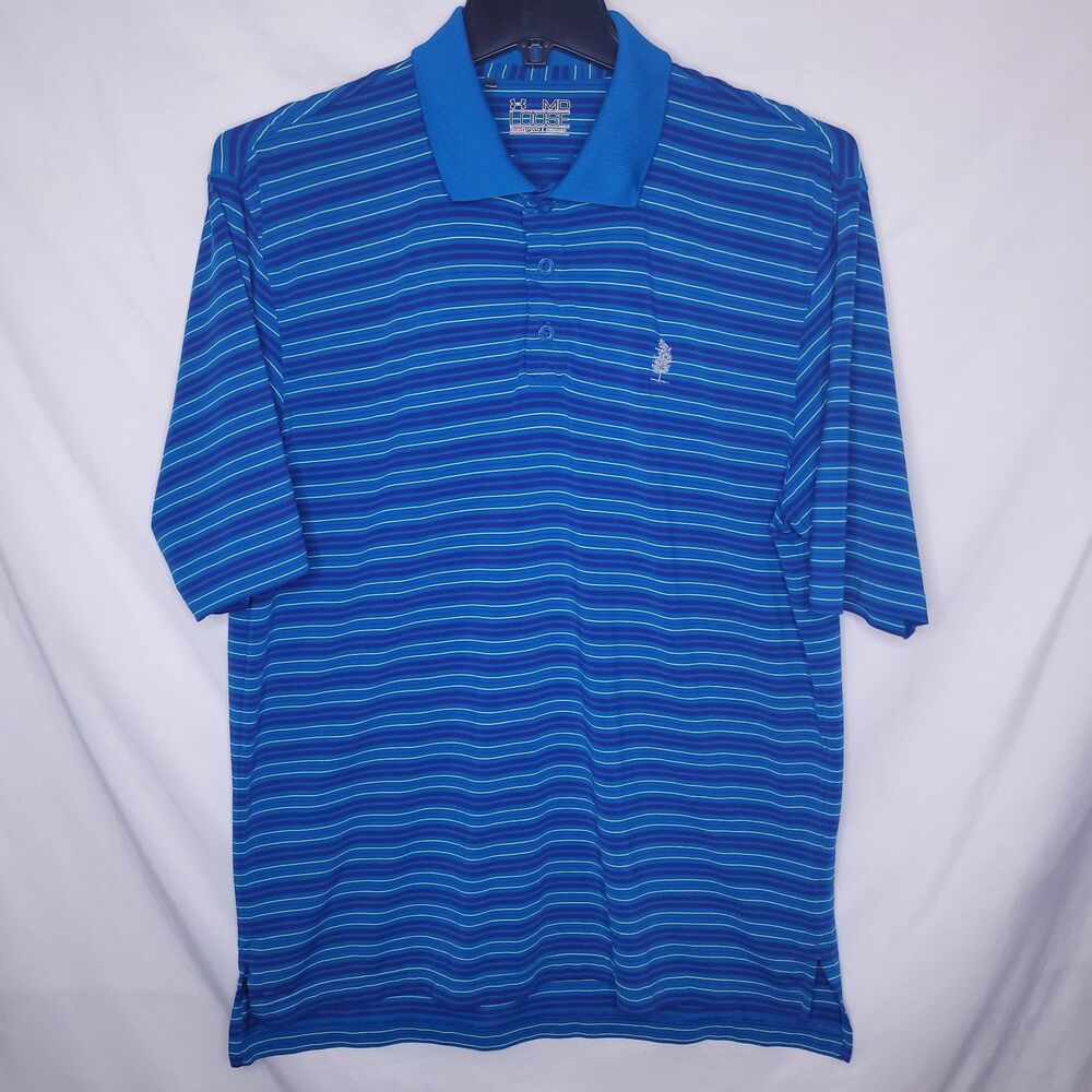Under Armour Polo Shirt Mens Medium Striped Blue HeatGear Loose - Picture 2 of 10